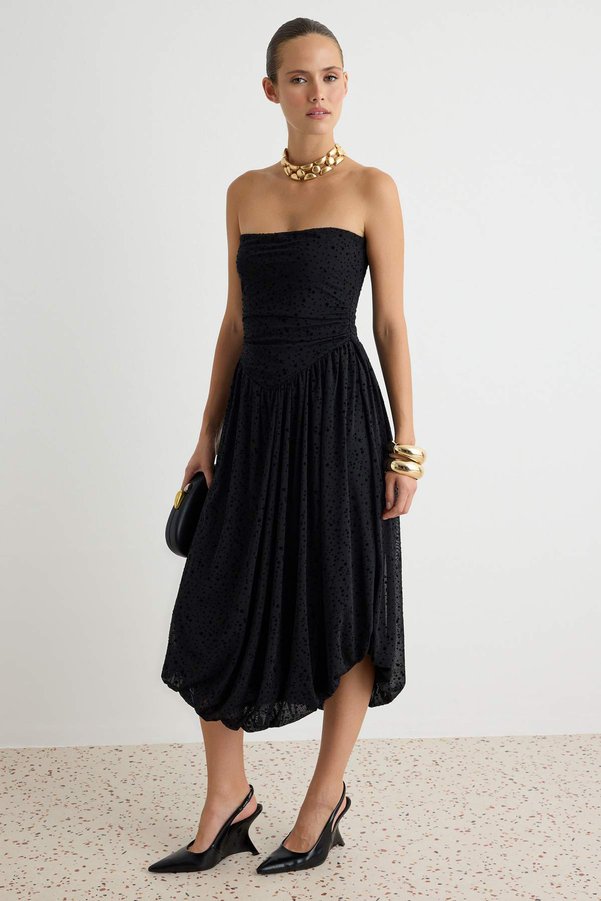 Trendyol Collection Black Polka Dot Patterned Skater/Skirt Dress with Waist Opening and Midi Balloon Skirt Tpraw27El00032