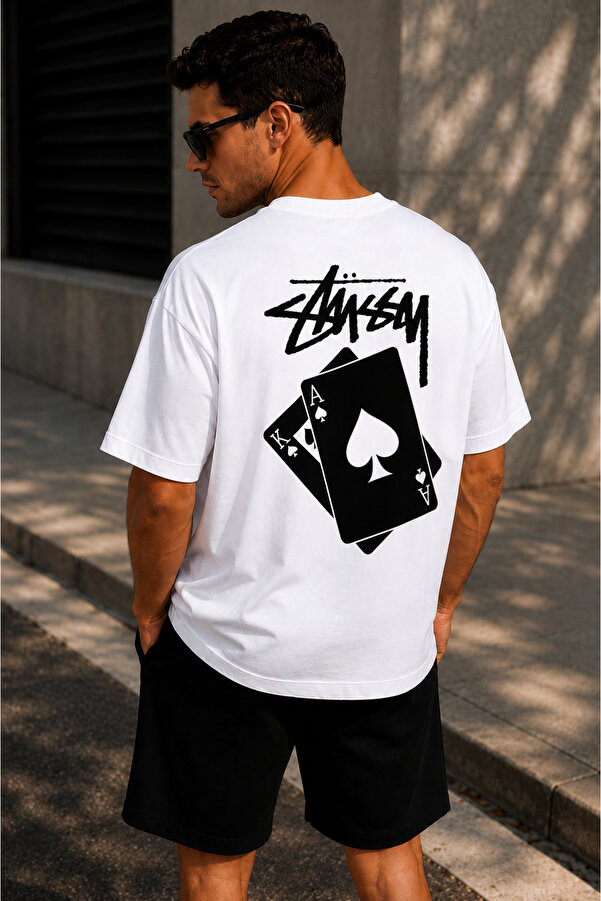 Unisex Stüssy İskambil Baskılı Oversize %100 Pamuk Geniş Kesim Dokulu Bisiklet Yaka Tişört RF0524
