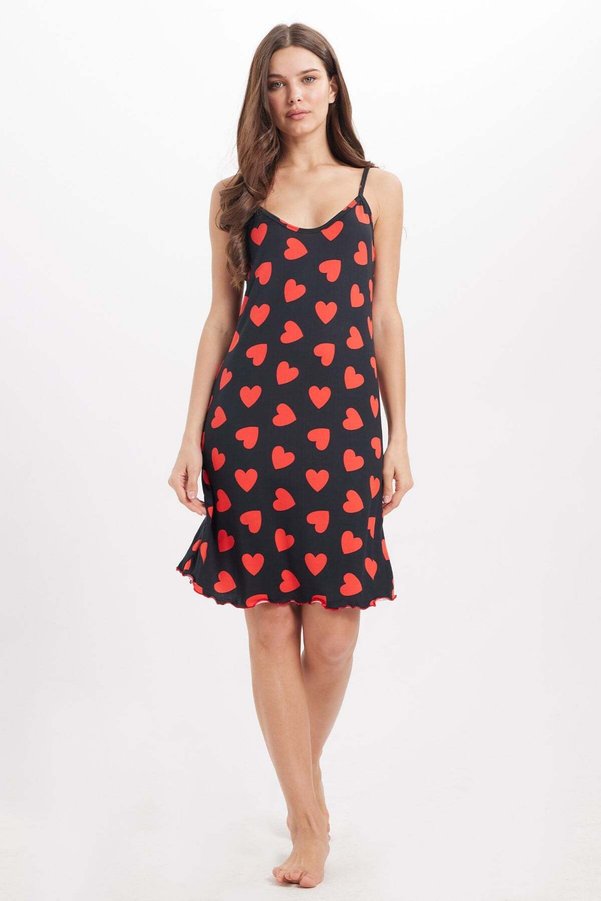 Tudors Women's Standard Fit Regular Cut Thin Straps Wide Collar Printed Black Nightgown
