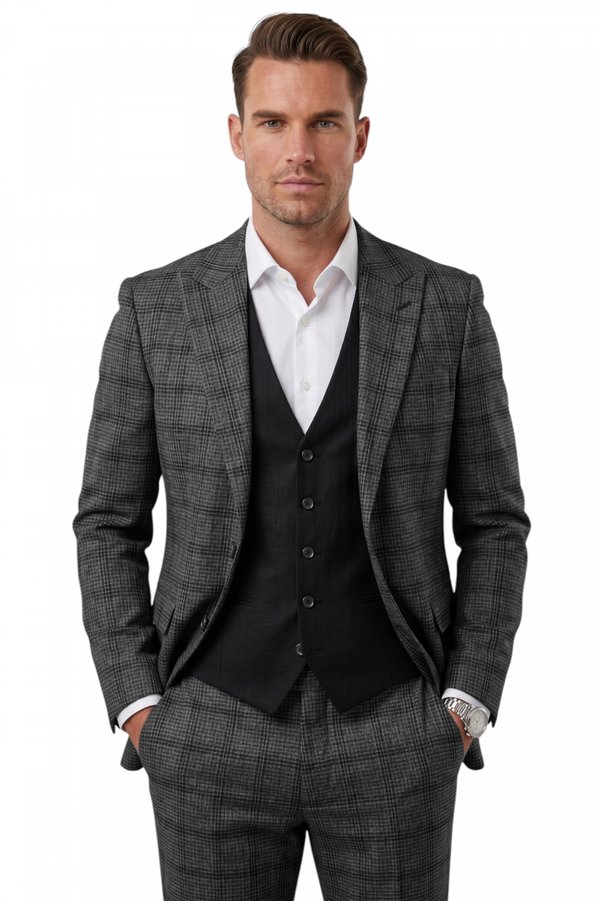 DeepSea Men's Anthracite Slim Fit Plaid 3-Piece Suit - Square Patterned Suit with Black Vest 2601589