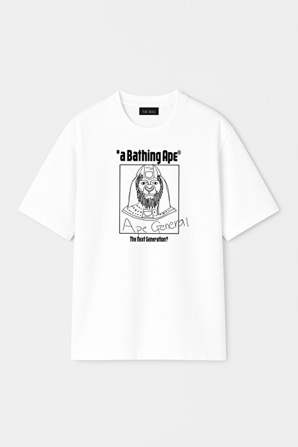 Unisex Bathing Ape General Baskılı Oversize %100 Pamuk Geniş Kesim Dokulu Bisiklet Yaka T-Shirt