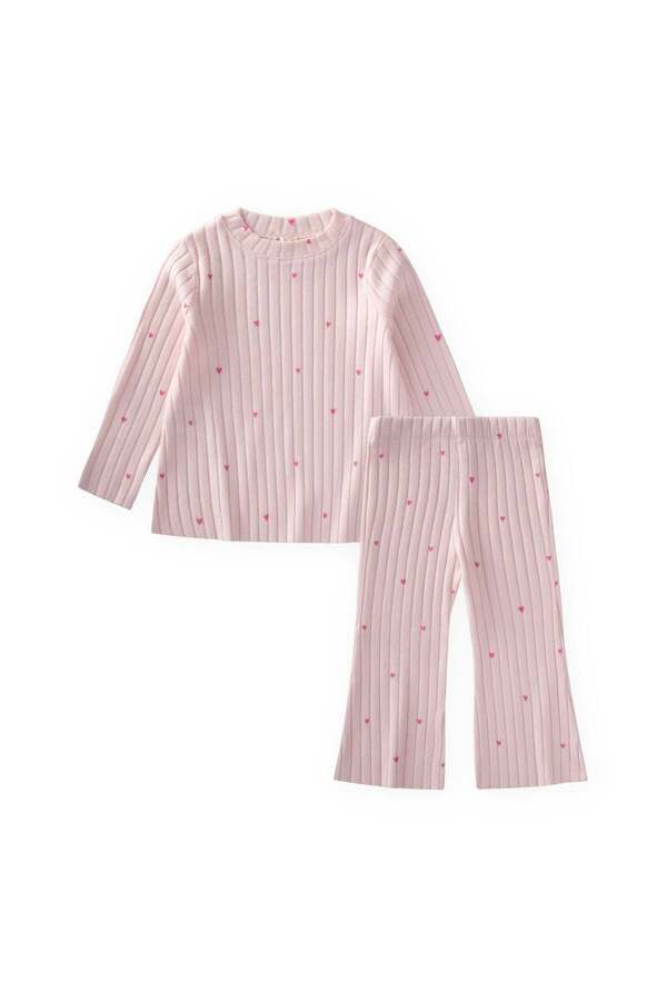 Cigit Patterned Ribbed Pajama Set 1-7 Years Powder Pink