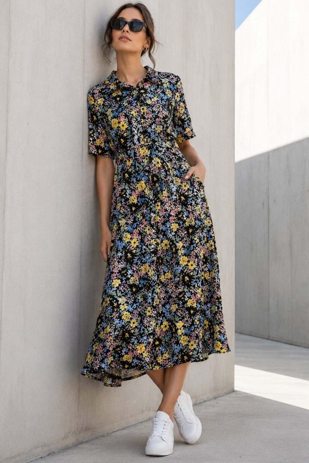 Madmext Black Floral Print Shirt Collar Midi Dress Mg1821