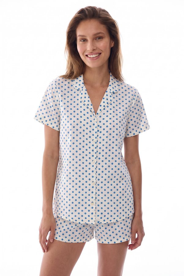 Penti Ecru Blue Polka Dot Patterned Short Sleeve Shirt Shorts Pajama Set