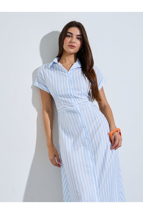 Styli Blue Striped Shirt Midi Dress