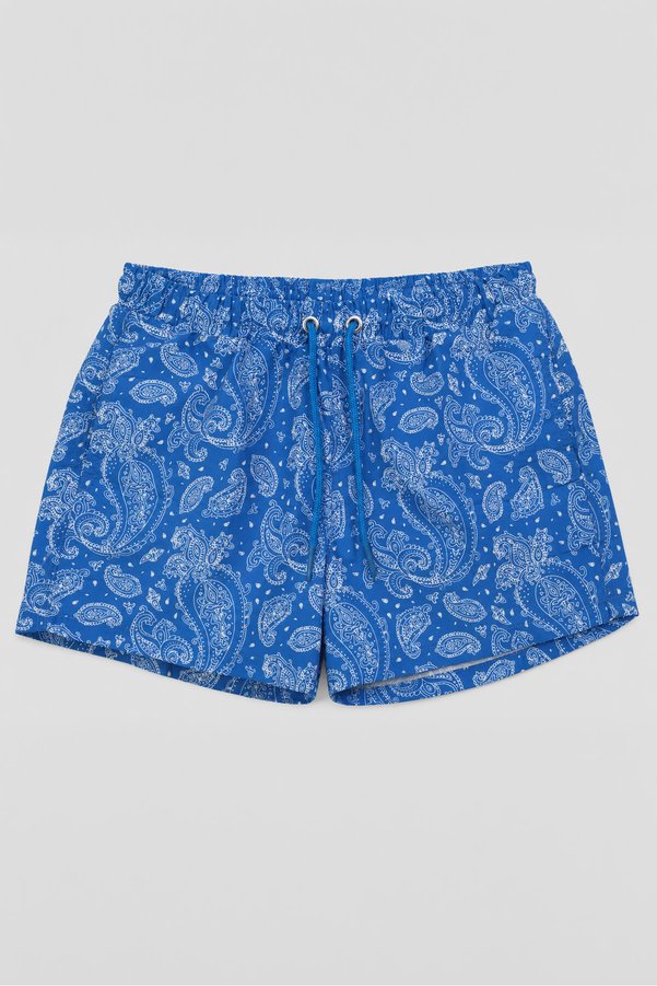 MARKAPIA Men's Blue Ethnic Patterned Mesh Swim Shorts with Pockets