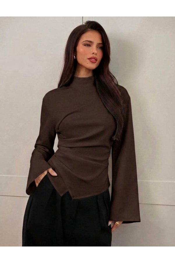 Moda Lounge Stylish Blouse with High Collar and Drape Detail, Spanish Sleeves