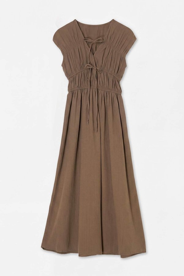 Drop by TrendyolMilla Khaki V-Neck Sleeveless Tie-Details Rubberized Detailed Long Dress Tdrss26El00082