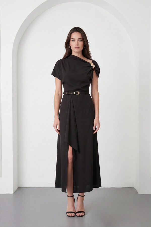 Lafaba Women's Black Asymmetrical Cut Midi Event Dress with Accessory Detail