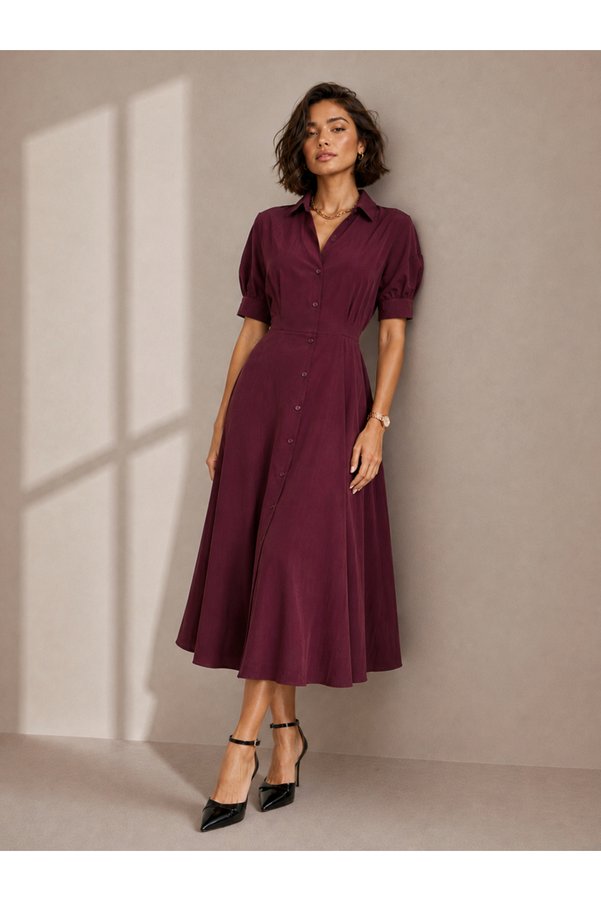 Styli Burgundy Lapel Collar Short Puff Sleeves Shirt Maxi Dress