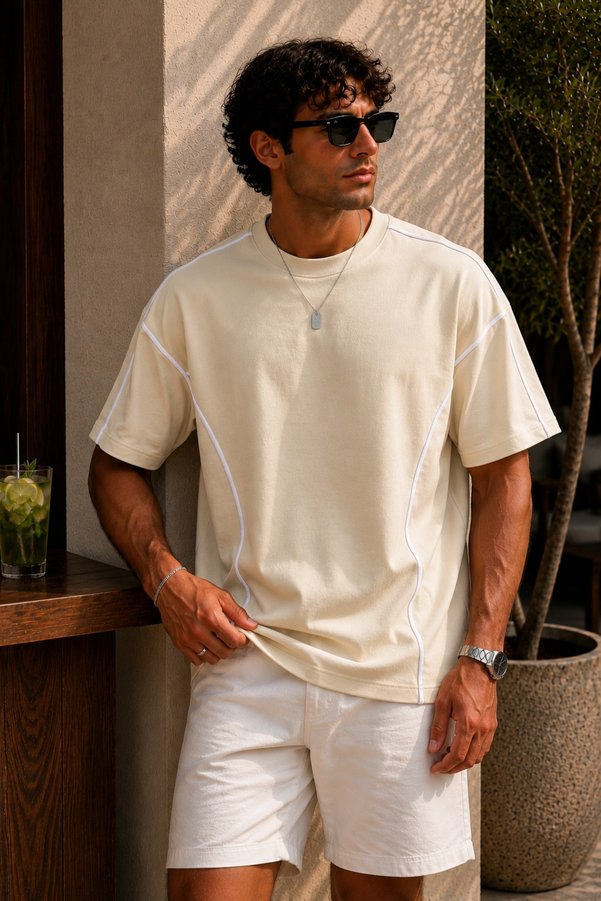İLKCET MODA Men's Oversize Stripe Detailed Crew Neck Basic T-Shirt