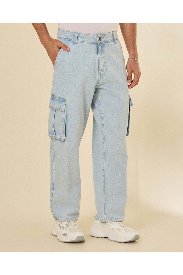 REDTAG Men Light Wash Relaxed Cargo Denim Jeans