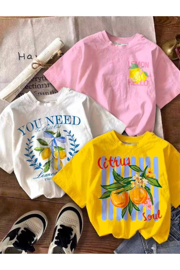 MORNİNG KİDS Girl's 3-Pack Pink-Yellow-White Lemon Hello-You Need Printed Crew Neck T-Shirt