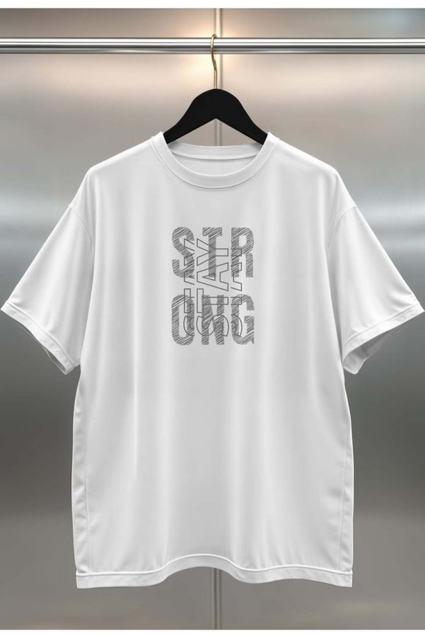 buzagi tasarım ürünleri Stay Strong Digital Print Oversize Unisex White T-Shirt