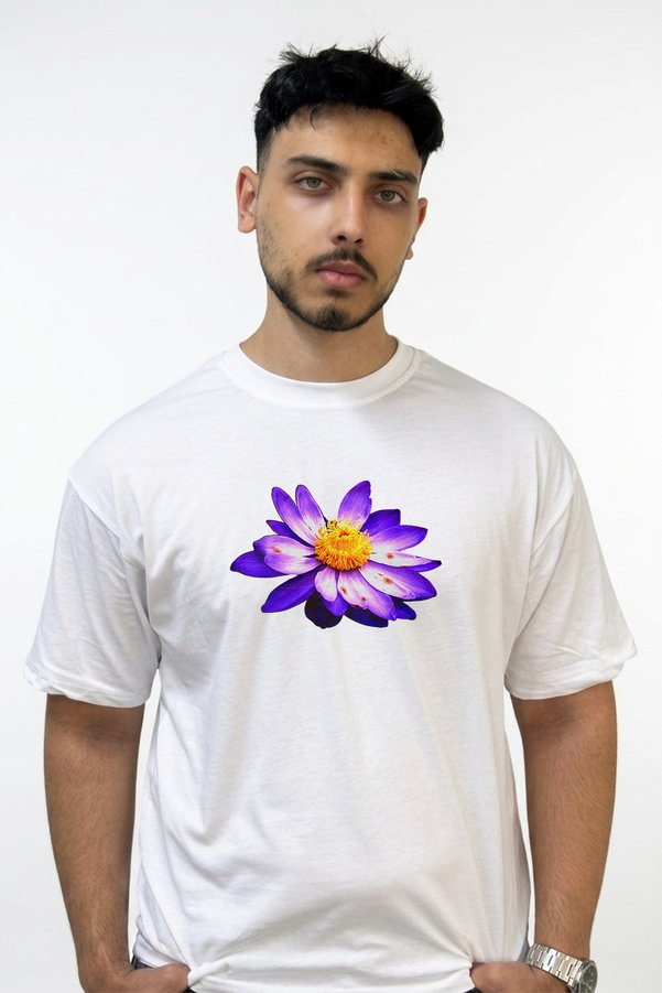 Anetos Purple Nilufer Design Printed Oversize White T-Shirt