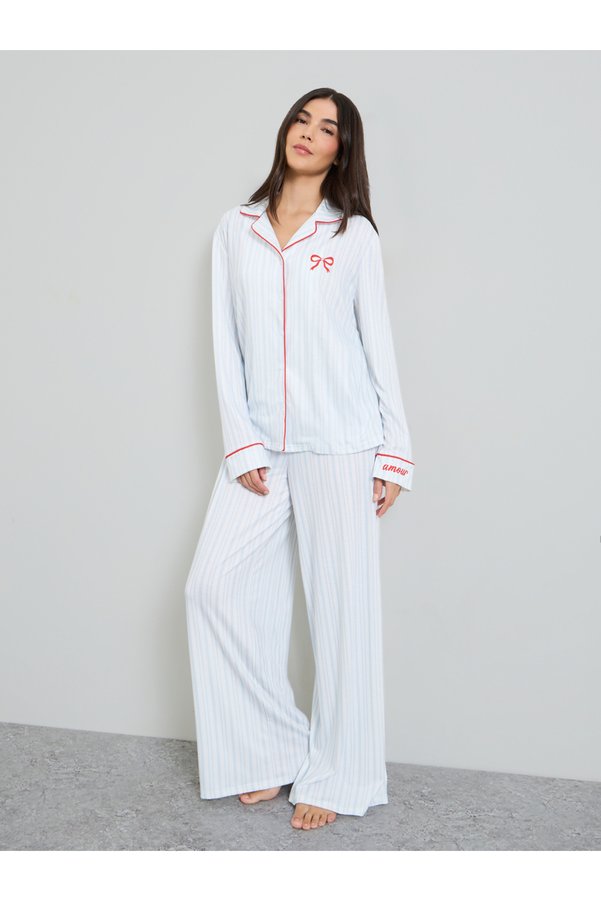 Styli Blue Striped Bow Print Piped Long Sleeves Shirt and Pyjama Set