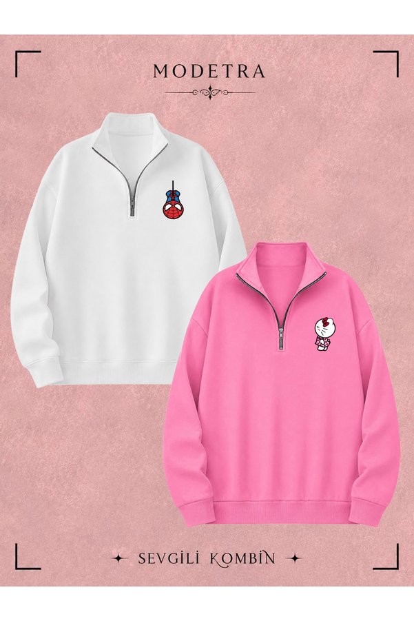 Modetra Unisex Women's and Men's Spi Kitty Printed Half-Zipper Stand Collar Basic Ribbed Lover Couple Combination Sweatshirt 2-Piece Set