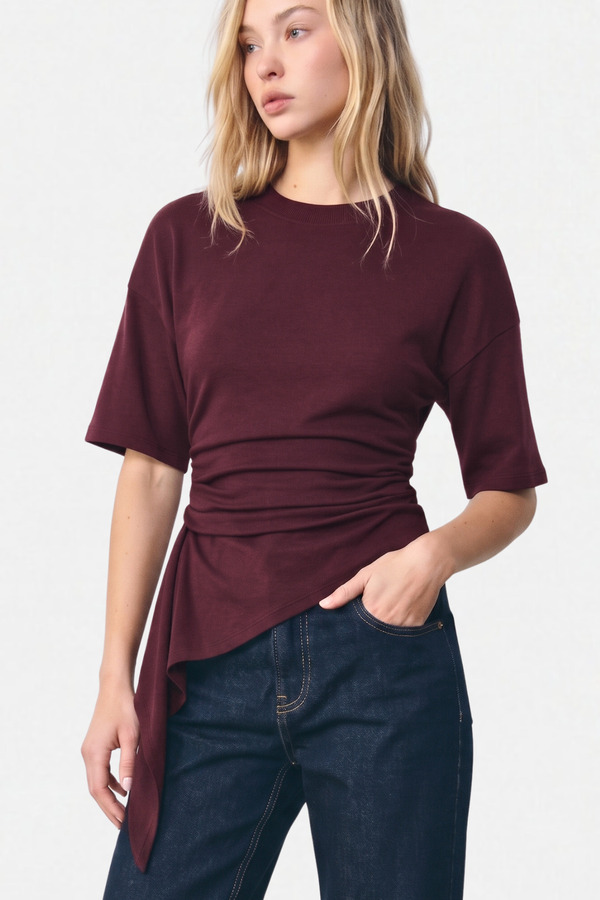 VODENS Burgundy Short Sleeve Gathered Waist 95% Cotton Blouse