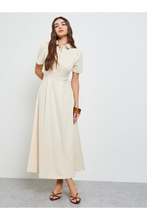 Styli Beige A-Line Maxi Dress with Short Sleeves