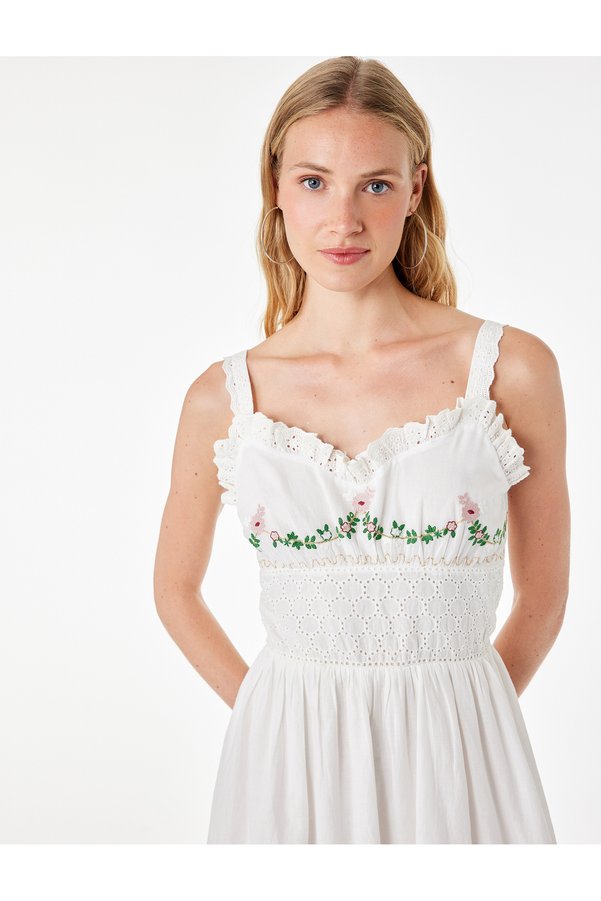 Koton Cotton Ruffled V-Neck Floral Motif Embroidered Strappy Long Dress