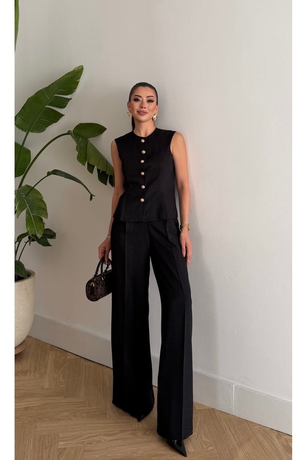 HOEK Mona Gold Button Detailed Women's Linen Vest and Trousers Set – Black