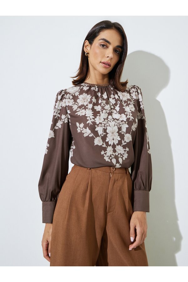 Styli Brown Floral Print Long Sleeve Blouse