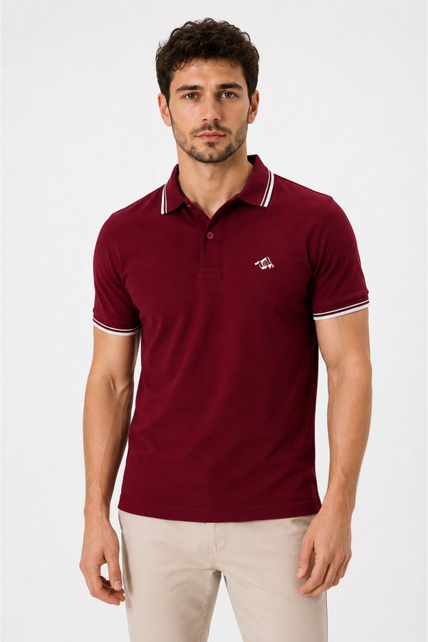 Mesh Men's Burgundy Polo Neck T-Shirt– 100% Cotton Cream Striped Collar Regular Fit Short Sleeve Summer Style