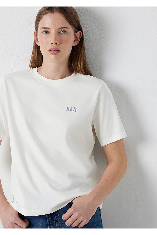 Mavi Logo Printed Ecru T-Shirt Regular Fit / Normal Cut 1611900-80194