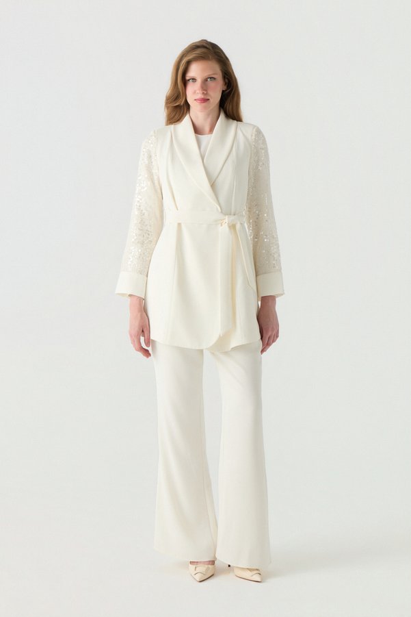 Zühre Shawl Collar Belted Sparkling Sleeve Detail Ecru Suit 1778