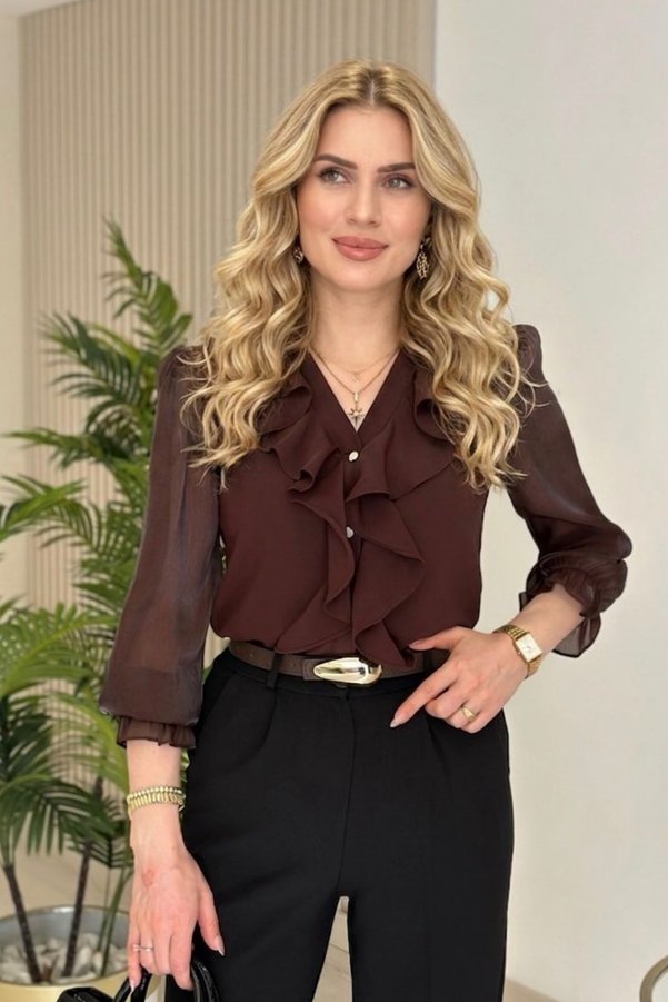 sunfyre Women's Shiny Chiffon Shirt with Ruffle Detail on the Chest and Long Sleeves, Glittery Shirt Sun372