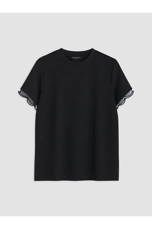 LC Waikiki Nevavm Women's T-Shirt with Oval Collar and Lace Detail