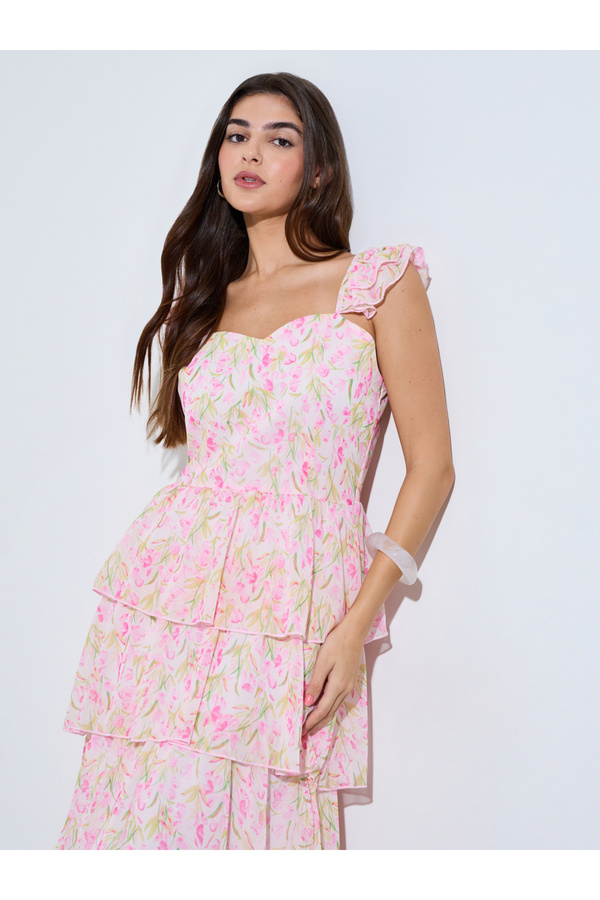 Styli Pink Floral Print Layered Maxi Dress