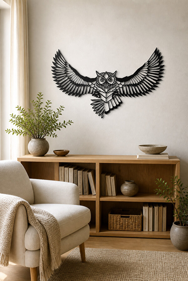 Kanatlı Baykuş Metal Duvar Tablosu Siyah Modern Salon Ofis Dekoru