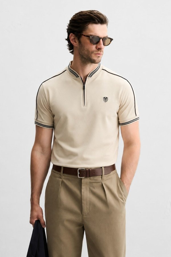 Madmext Beige Polo Collar Men's T-Shirt 9281