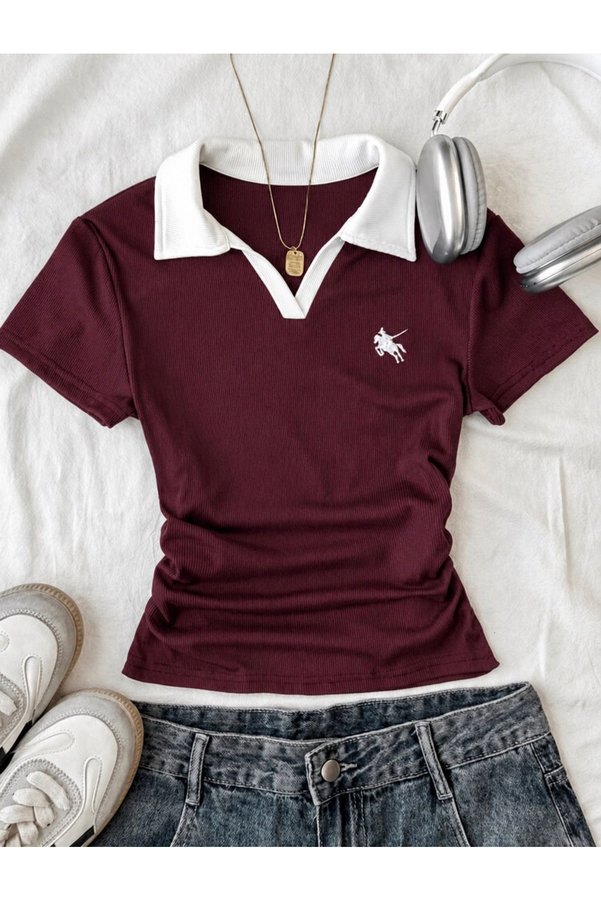 Violon Women's Polo Collar Embroidery Detailed Camisole Slim Fit T-Shirt