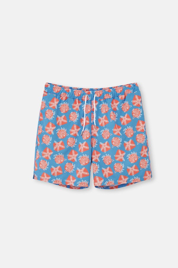Dagi Blue-Salmon Patterned Mid-Sea Shorts