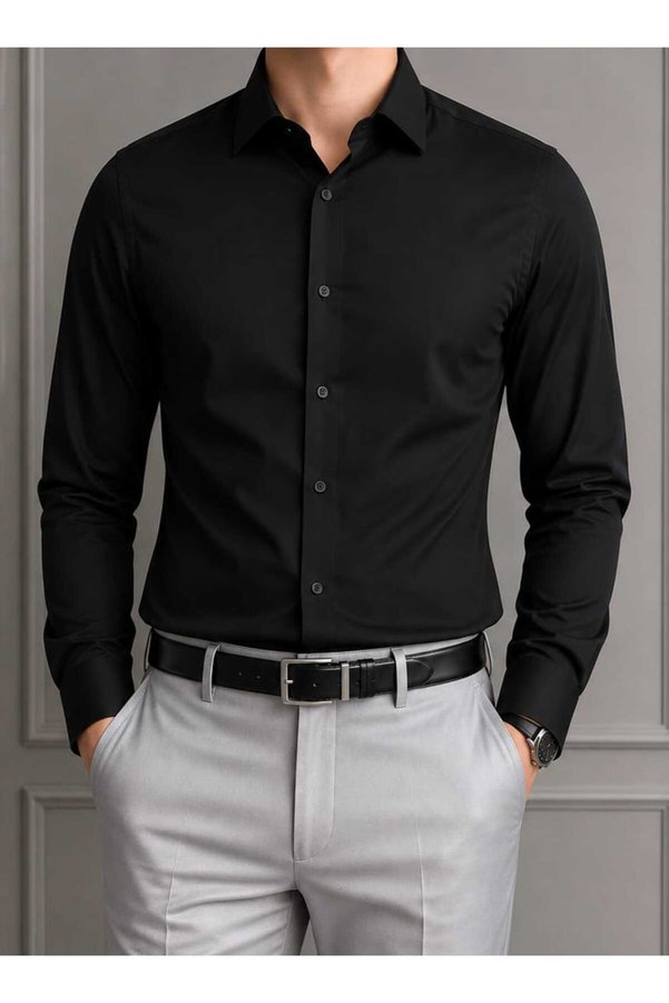 ZENGOLL & RAMİRES Men's black Slim Fit Straight Cut Firm Collar Long Sleeve shirt