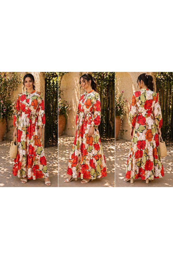LINELLE Cream & Red Bold Floral Tiered Casual Dress