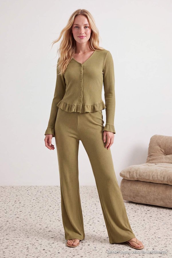 Trendyol Collection Khaki Frilly Waffle Knitted Pajama Set Thmaw26Pt00126