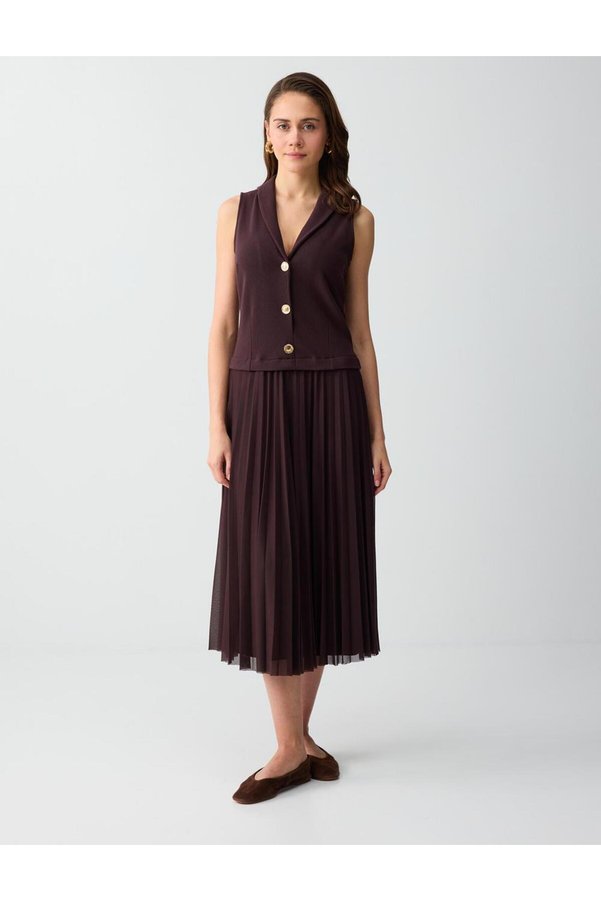 Jimmy Key Bitter Brown Button Detailed V-Neck Sleeveless Knitted Midi Dress