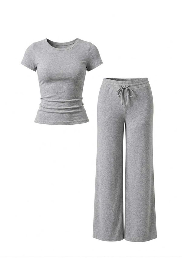 EVOA Women's Crew Neck Blouse & Wide Leg Pants Set