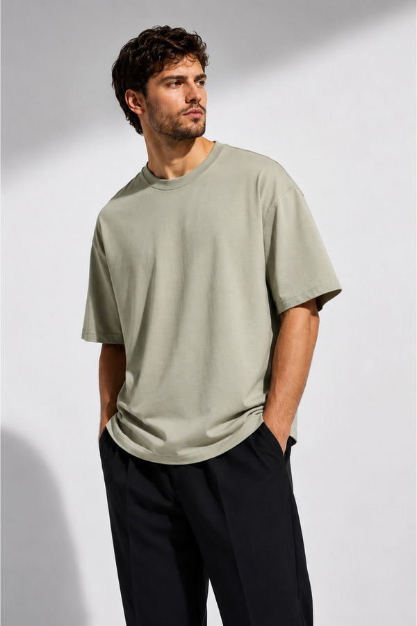 Unisex Oversize %100 Pamuk Geniş Kesim Yumuşak Dokulu Basic Bisiklet Yaka Açık Haki Tişört Rf0406