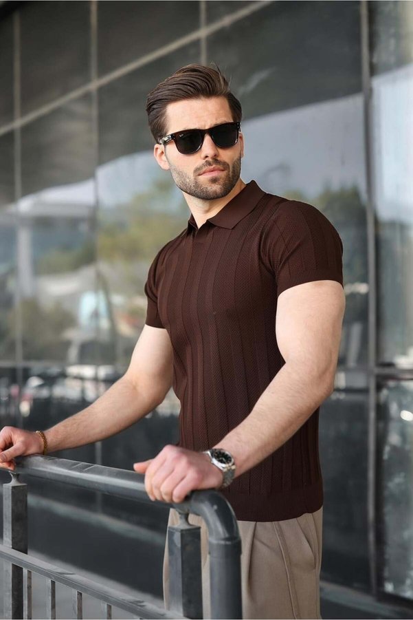 Madmext Brown Slim Fit Polo Collar Knitwear Men's T-Shirt E7491