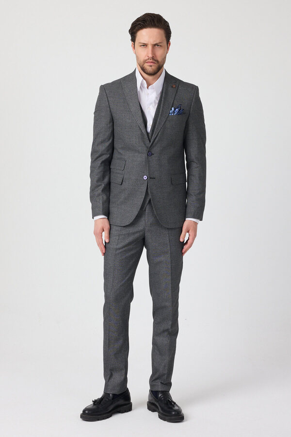 Frappoli Pladis Men's Dark Navy Blue Pointed Collar Polyviscon Fabric Jacket+Pants+Vest Slim Fit Suit