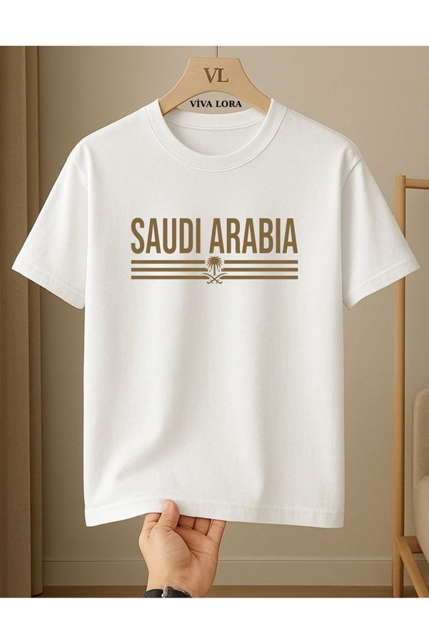 VİVA LORA Saudi Arabia Striped Print 100% Cotton Crewneck Regular Unisex T-Shirt