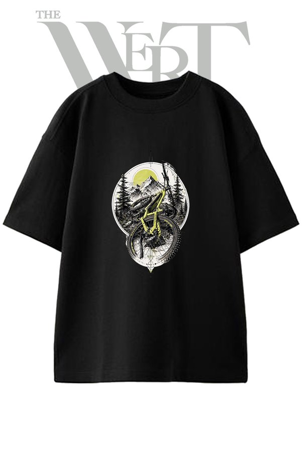 THEWERT E Mountain Bike Design Printed Unisex Black Oversize T-Shirt