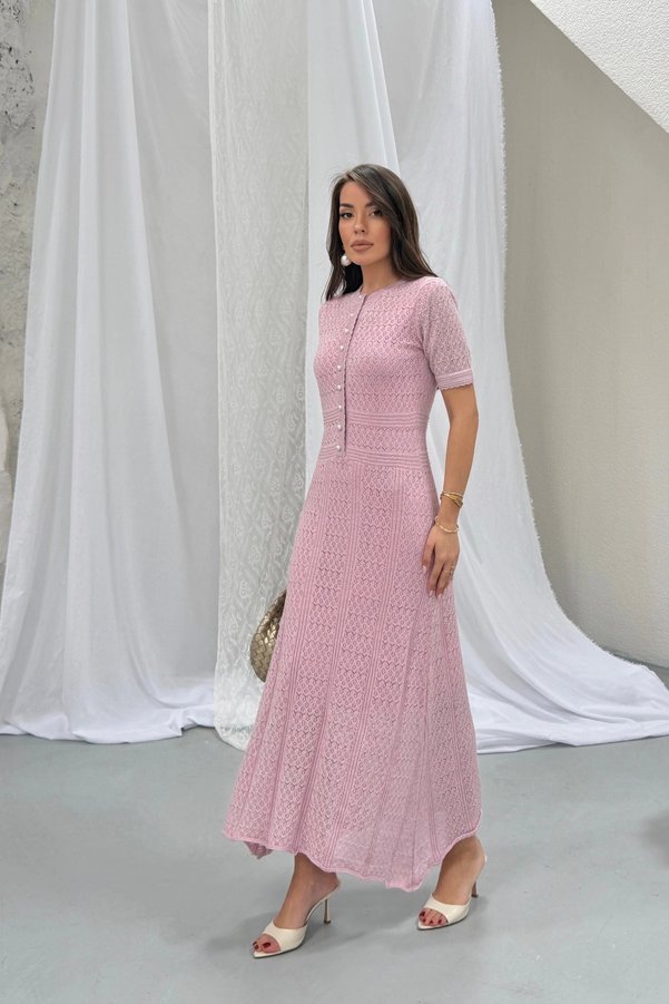 URİS Women's Pink Premium Pearl Button Detailed Glitter Lined Short Sleeve Summer Long Elegant Knitwear Dress (S/M)