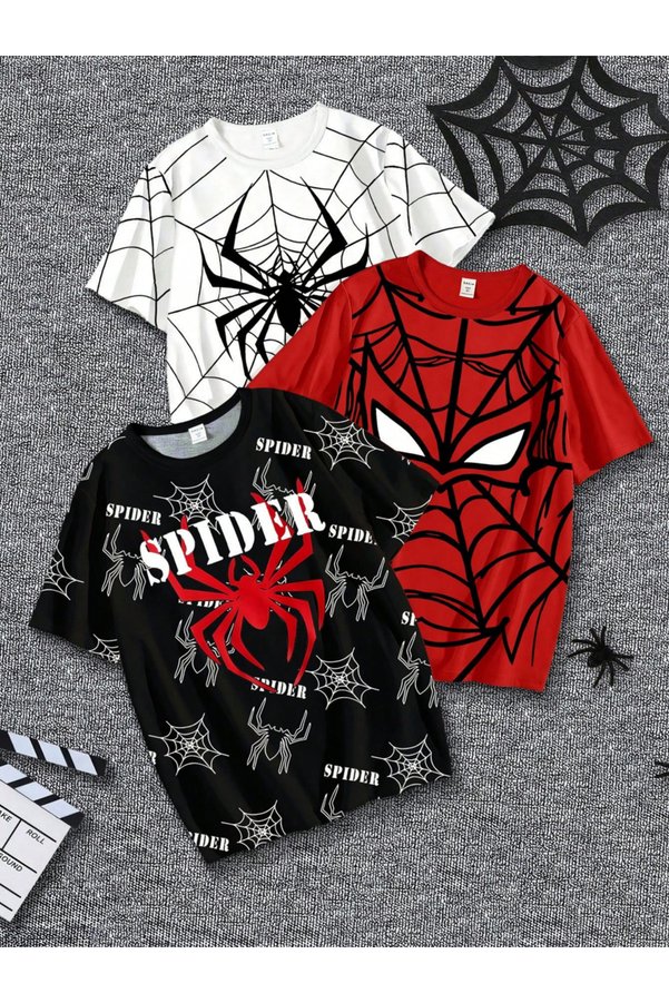 Take Two By Styli Boy's Pack of 3 Spider Theme Graphic Print T-shirt