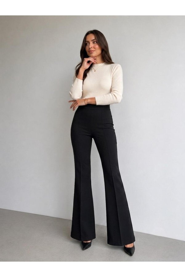 mecea prime Women's Black High Waist Ribbed Stitched Spanish Flare Scuba Crepe Gathering Trousers