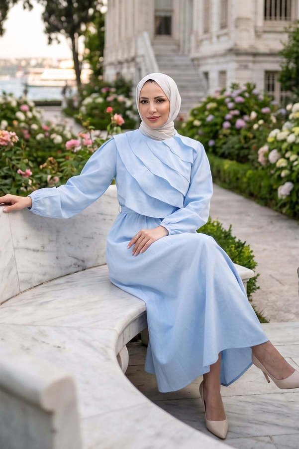 hafsamina Layered Detailed Elastic Waist Belted Dress Baby Blue Hm2947